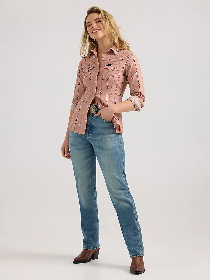 camisa vaquera entallada a rayas wrangler retro para mujer color rosa polvoriento