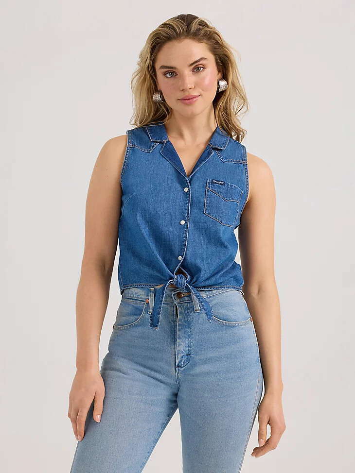 camisa vaquera sin mangas con lazo frontal para mujer lavado medio