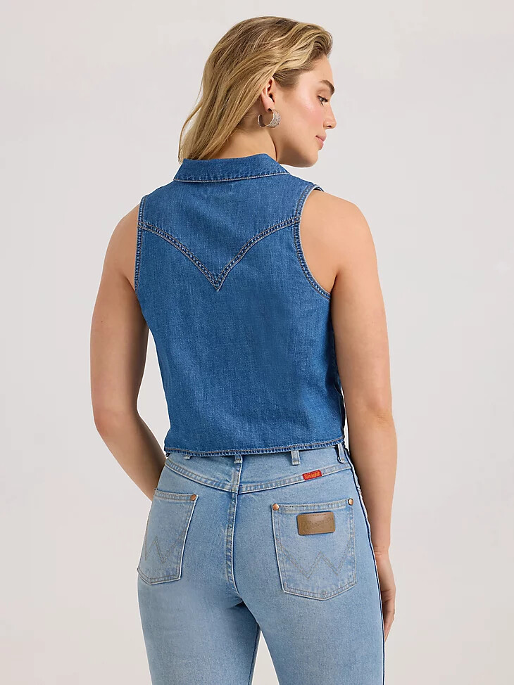 camisa vaquera sin mangas con lazo frontal para mujer lavado medio