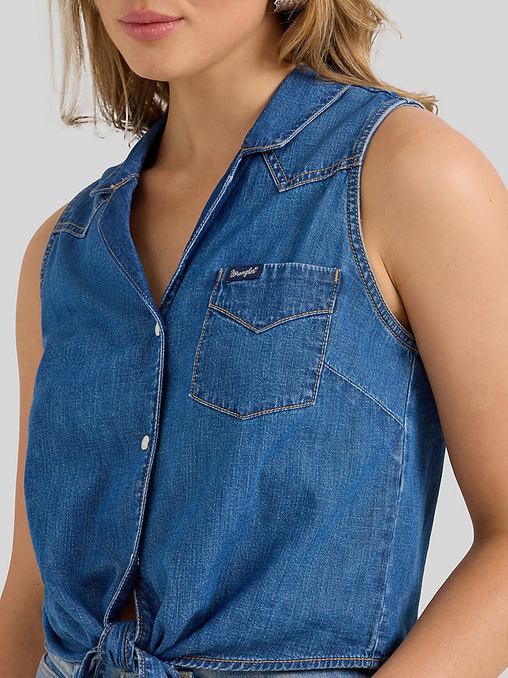 camisa vaquera sin mangas con lazo frontal para mujer lavado medio