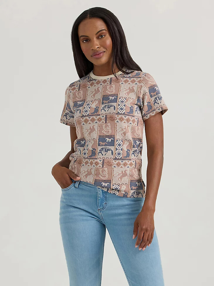 camiseta ajustada con estampado jacquard integral wrangler para mujer con parches en marrón