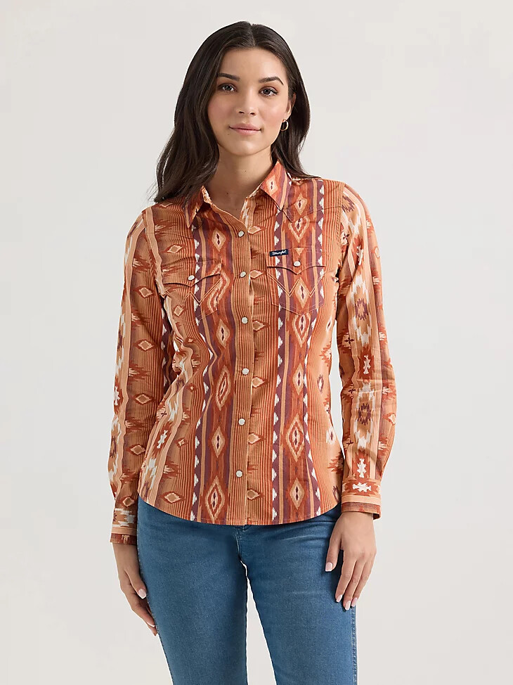 camisa clásica estilo western con broches checotah para mujer fiery checotah