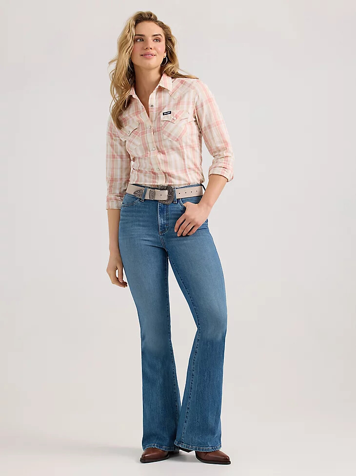 camisa vaquera ajustada a cuadros wrangler para mujer color rosa