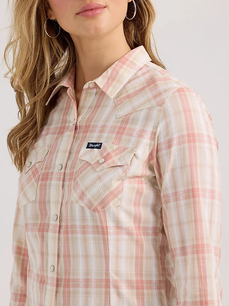 camisa vaquera ajustada a cuadros wrangler para mujer color rosa