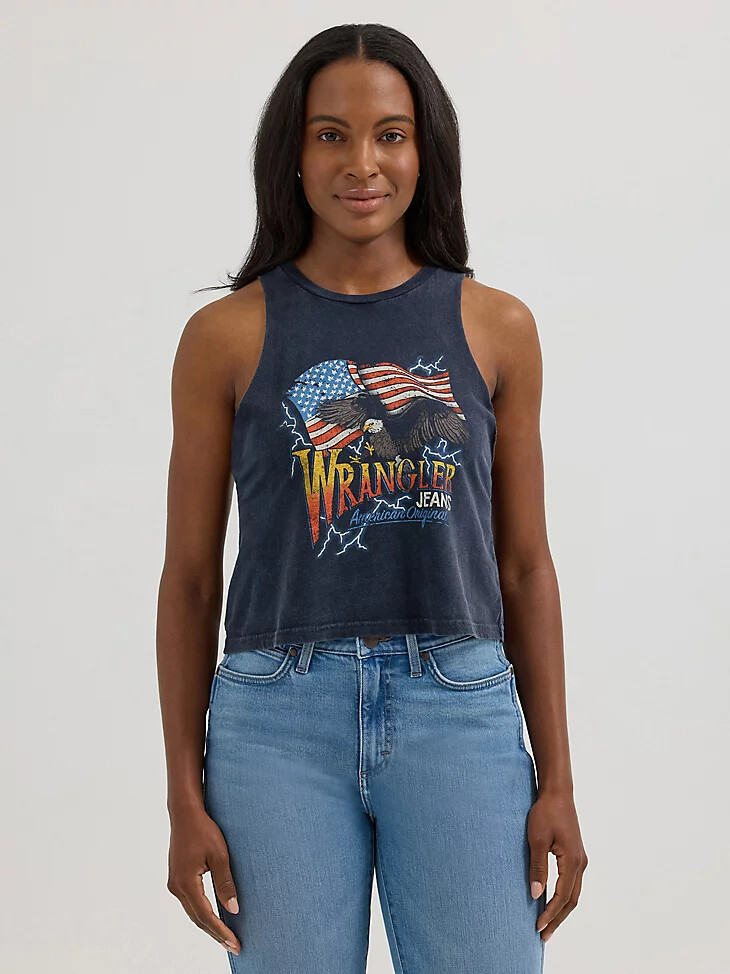 camiseta sin mangas con gráfico de festival wrangler para mujer color negro y águila