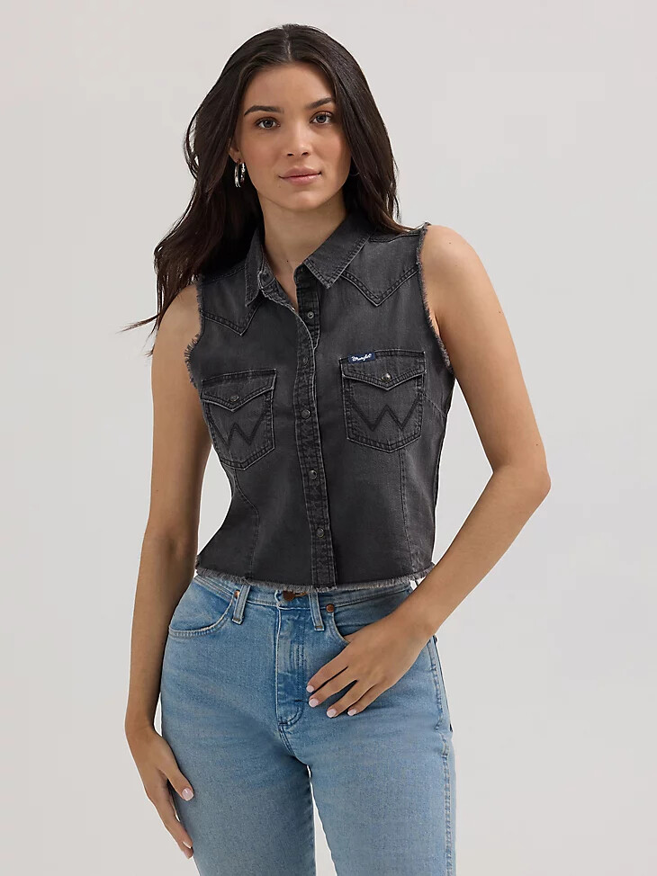 camiseta sin mangas vaquera deshilachada wrangler para mujer estilo western color negro