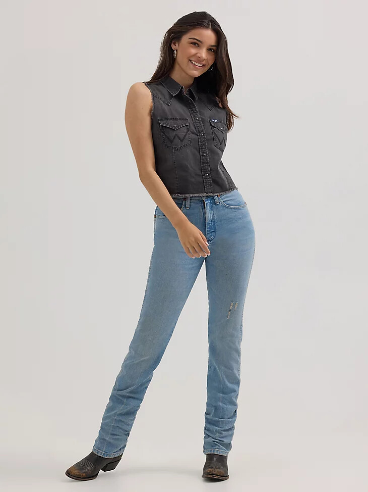 camiseta sin mangas vaquera deshilachada wrangler para mujer estilo western color negro