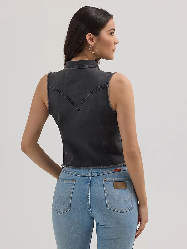 camiseta sin mangas vaquera deshilachada wrangler para mujer estilo western color negro