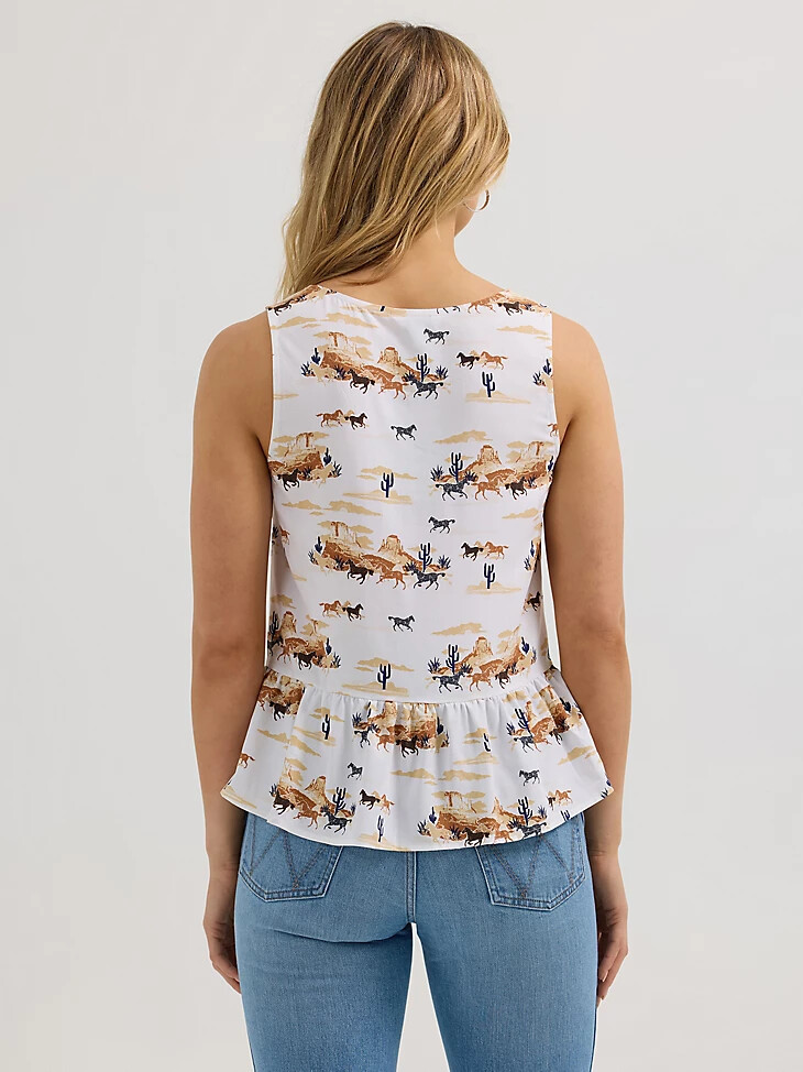 camiseta sin mangas con peplum y cuello en v wrangler para mujer con estampado desértico