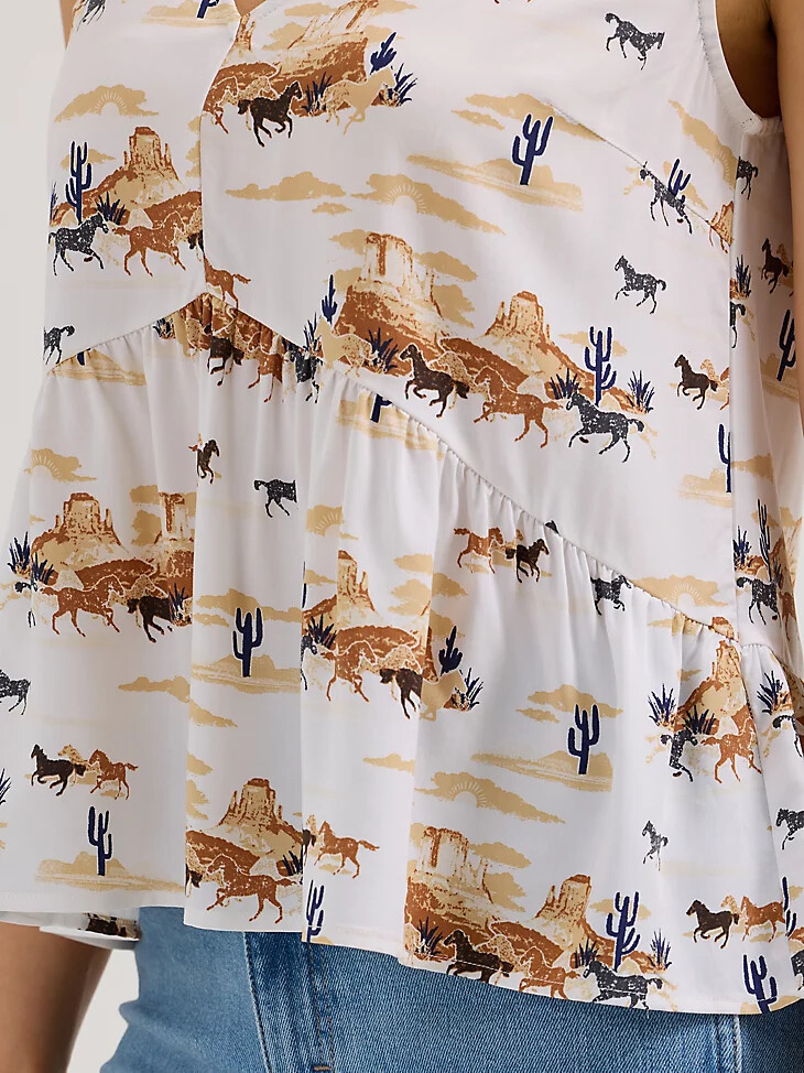 camiseta sin mangas con peplum y cuello en v wrangler para mujer con estampado desértico