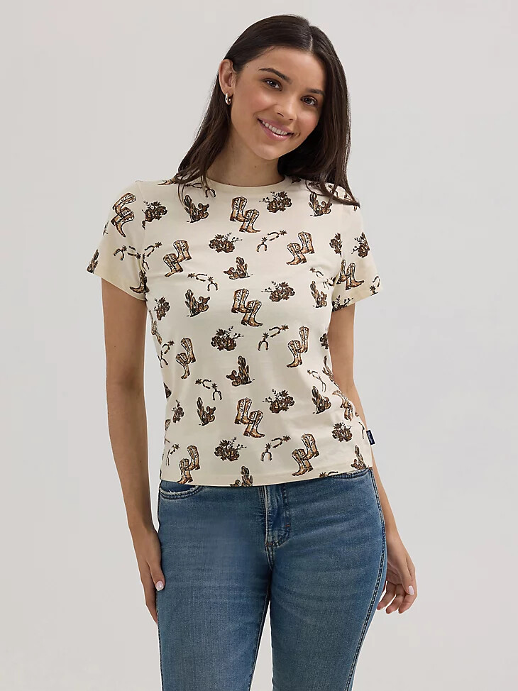 camiseta ajustada con estampado jacquard integral wrangler para mujer botas color crema
