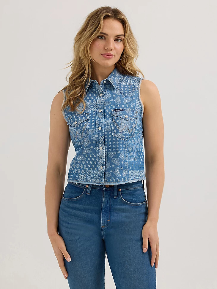 bandana vaquera corta con estampado wrangler para mujer estilo western con broches color azul