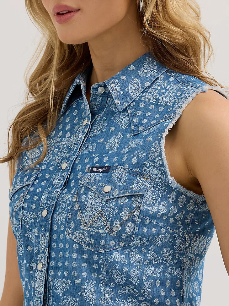 bandana vaquera corta con estampado wrangler para mujer estilo western con broches color azul