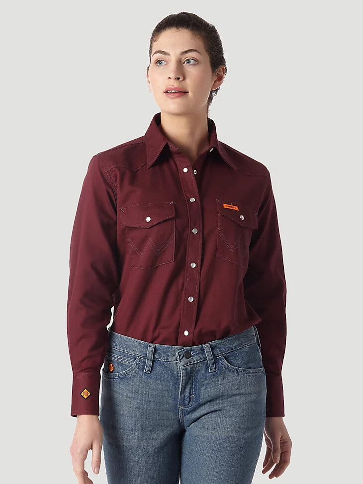 camisa de trabajo wrangler fr ignífuga de manga larga lisa para mujer color burdeos
