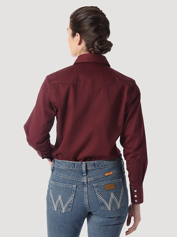 camisa de trabajo wrangler fr ignífuga de manga larga lisa para mujer color burdeos
