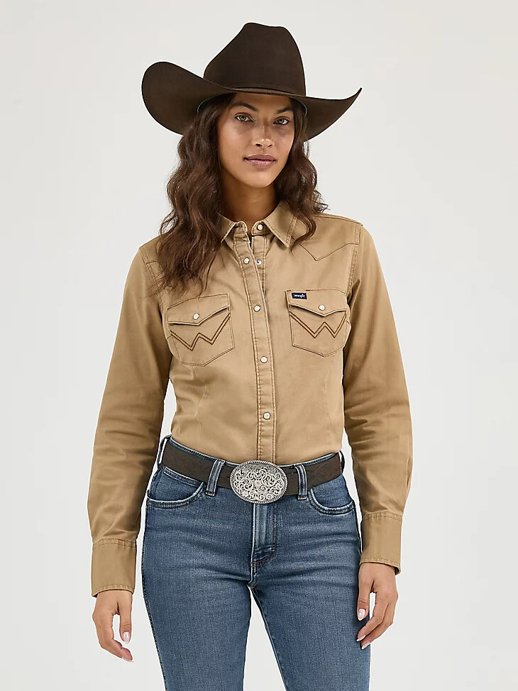 blusa lisa de cuero crudo con cierre a presión estilo western de manga larga para mujer con canesú delantero y trasero