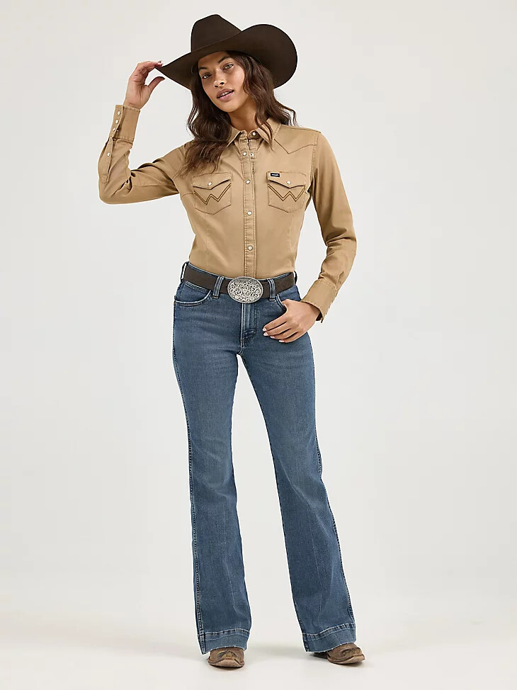 blusa lisa de cuero crudo con cierre a presión estilo western de manga larga para mujer con canesú delantero y trasero