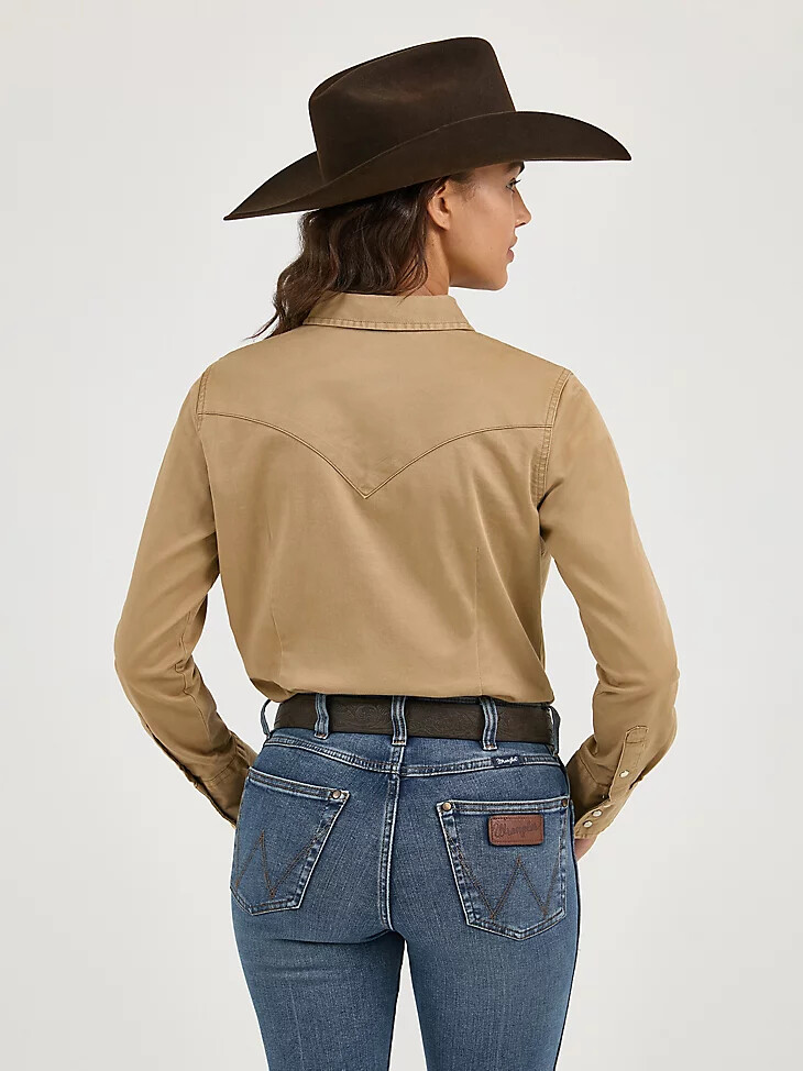 blusa lisa de cuero crudo con cierre a presión estilo western de manga larga para mujer con canesú delantero y trasero