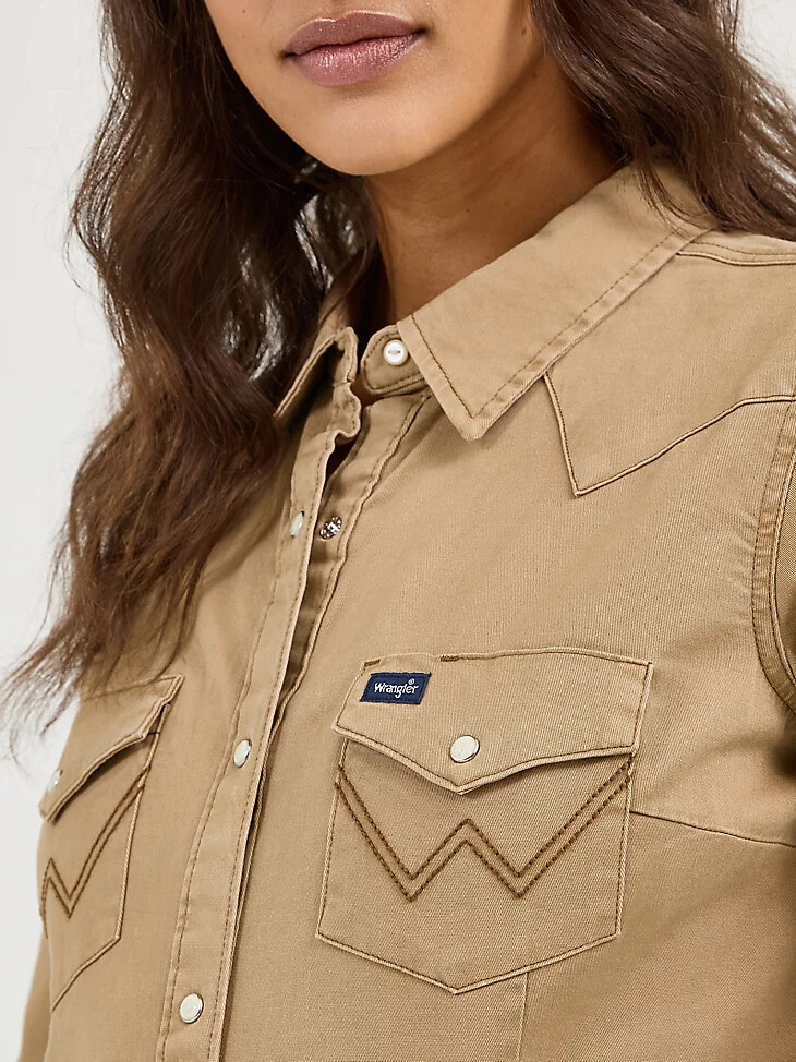blusa lisa de cuero crudo con cierre a presión estilo western de manga larga para mujer con canesú delantero y trasero